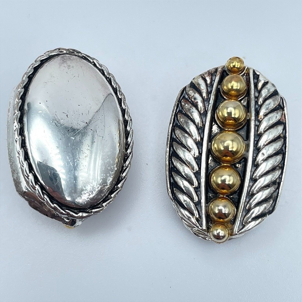 Vintage 90s Oval Reversible Silver Tone Leaf Earrings Fashion Statement
